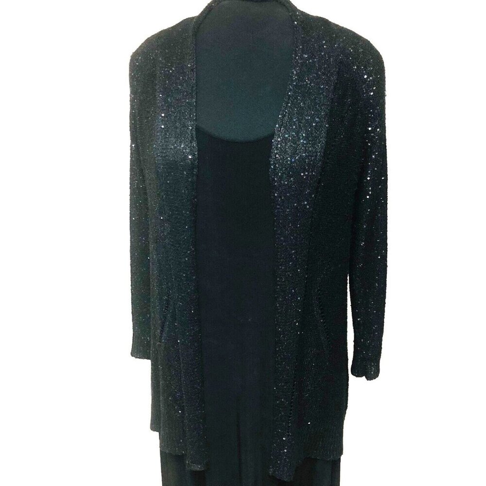 Belldini Open Front Black Long Duster Sweater Coat Womens L Allover Sequins‎